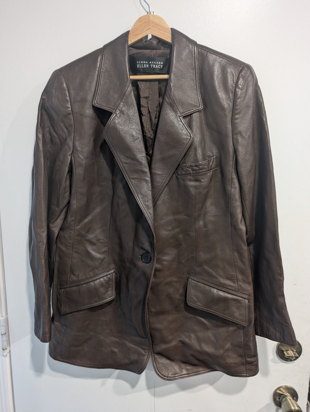 VTG 90s Linda Allard Ellen Tracy Espresso 100% Leather Blazer Jacket Large